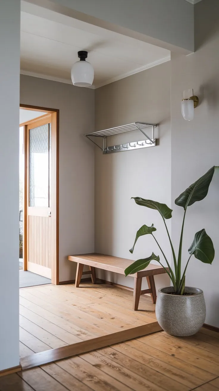 A tranquil and functional space, this Japandi-inspired entryway welcomes you home. The natural wood elements, subtle lighting, and thoughtfully placed plant create a sense of calm and understated elegance. A minimalist haven where functionality meets beauty.
