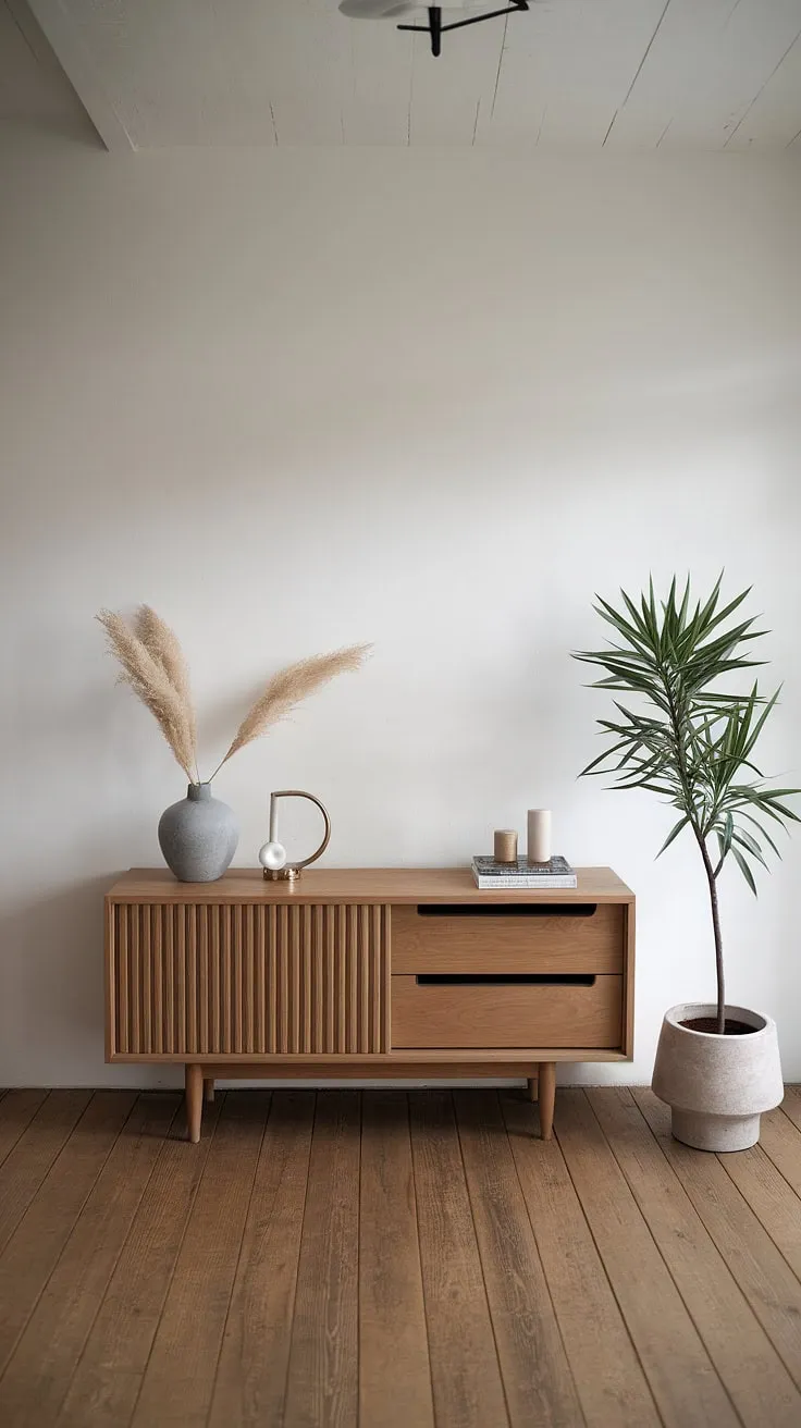 This minimalist entryway embodies the essence of Japandi design: clean lines, natural materials, and a sense of understated elegance. The carefully curated décor and soft lighting create a peaceful and inviting space, perfect for setting the tone for the day.
