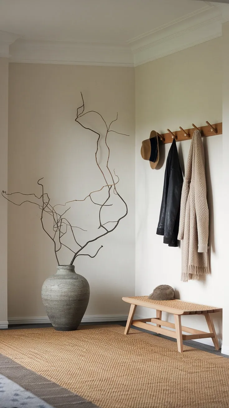 A thoughtfully curated space: this Japandi entryway balances minimalist design with natural textures. The large vase, wooden coat rack, and woven rug all contribute to a feeling of understated elegance and tranquility. A perfect blend of Japanese and Scandinavian influences.