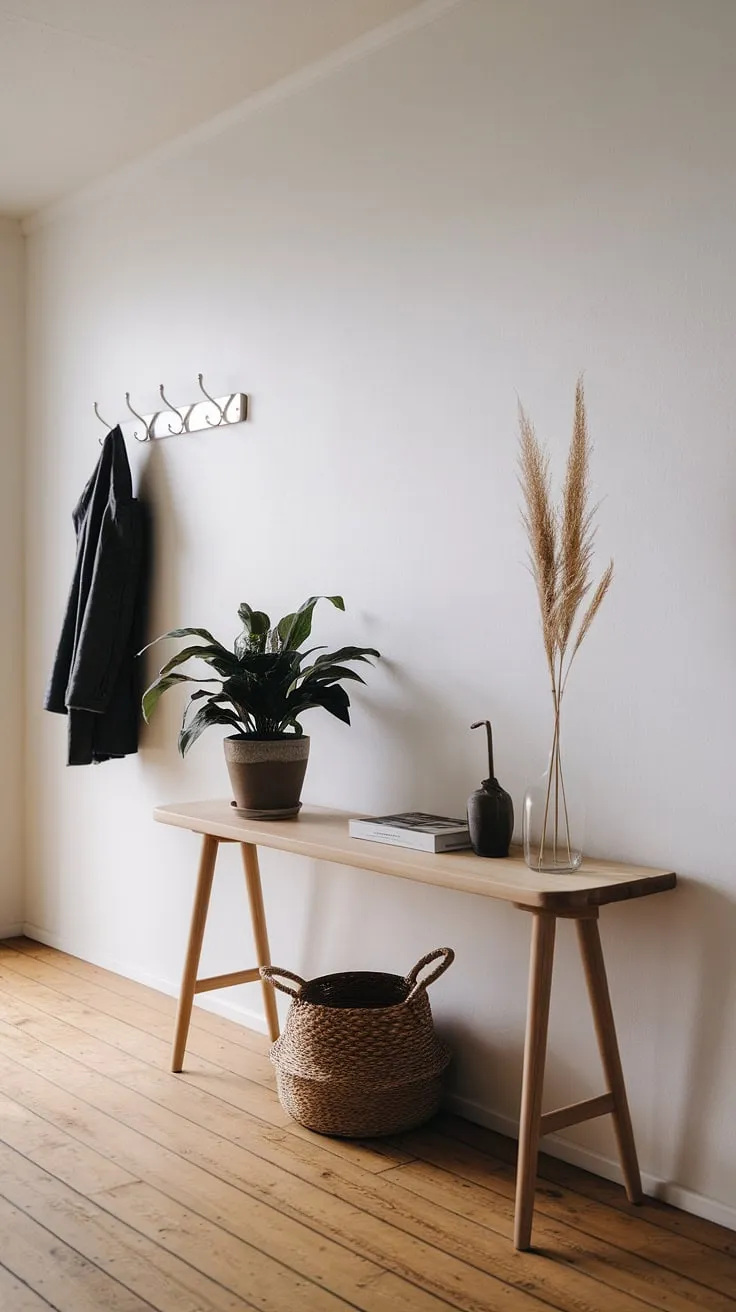 A tranquil haven awaits. This minimalist entryway, showcasing the beauty of Japandi design, effortlessly combines functionality and aesthetic appeal. The simple wooden console, subtle plant life, and thoughtfully placed hooks offer a sense of calm and order, setting the tone for the entire home.