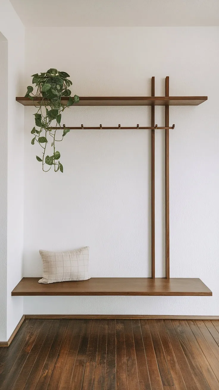Serene simplicity defines this Japandi entryway. The dark wood accents of the shelf and coat rack contrast beautifully against the white walls, creating a calm and welcoming atmosphere. A touch of nature, courtesy of the potted plant, completes the minimalist aesthetic.