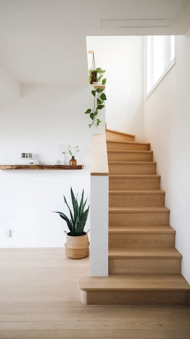 Step into serenity. This Japandi entryway, with its calming white walls, natural wood staircase, and carefully curated details, welcomes you home with understated elegance. The minimalist design, punctuated by a touch of greenery, creates a space that feels both peaceful and inviting.