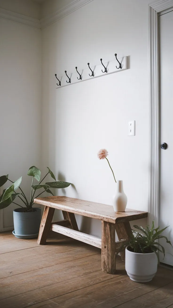 A simple wooden bench, a single white vase holding a delicate bloom, and the scent of fresh earth from potted plants-this Japandi entryway welcomes you home with understated elegance. The calm, minimalist design, accented by warm wood tones, creates a serene space to pause and shed the day's worries.