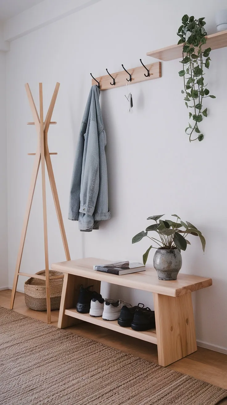 Serene simplicity defines this Japandi entryway. The natural wood tones of the bench and coat rack, complemented by the woven rug and a touch of greenery, create a calming and organized space. A perfect blend of functionality and understated elegance.
