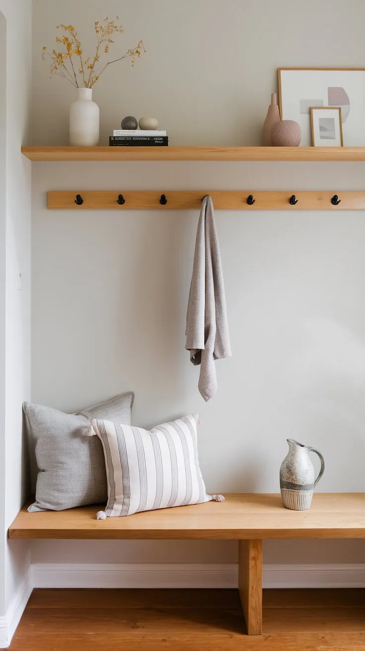 Find your calm in this minimalist Japandi entryway. The natural wood tones of the bench and shelf, complemented by the soft grey walls and wooden floor, evoke a sense of tranquility. A few carefully chosen decorative items complete the understated elegance.