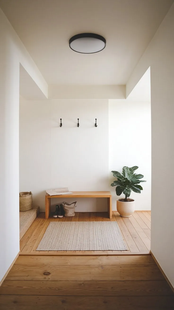 Step into serenity. This Japandi-inspired entryway, with its minimalist design and calming atmosphere, welcomes you home. The warm wood floors and simple furnishings create a space that's both functional and aesthetically pleasing. A perfect blend of Japanese and Scandinavian influences, it's a testament to the power of less.