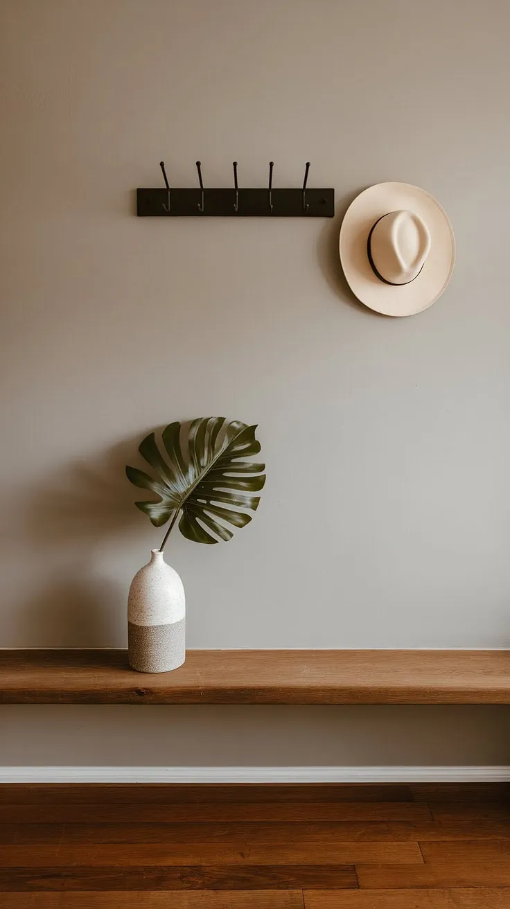 A calming blend of Japanese and Scandinavian design. The clean lines, natural wood, and a single, carefully chosen plant in a white vase, all contribute to the peaceful ambiance of this entryway. A perfect start to any day.