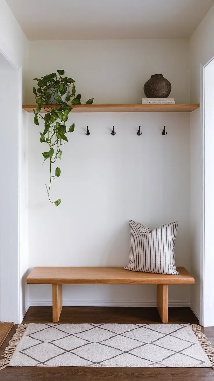 Step into serenity. This Japandi-inspired entryway, with its minimalist wooden bench and calming neutral palette, sets the tone for a peaceful home. The carefully curated details, from the geometric rug to the simple shelf, create a space that is both functional and aesthetically pleasing. A perfect blend of Japanese and Scandinavian design principles, it's a testament to the power of less.