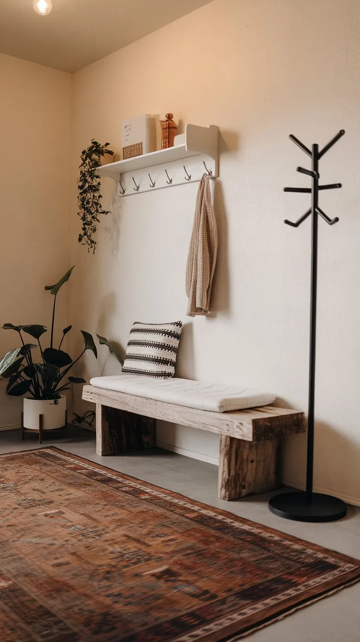 Step into serenity. This Japandi entryway, with its rustic wooden bench, minimalist shelving, and calming neutral palette, welcomes you home with understated elegance. The carefully curated details, from the patterned rug to the potted plant, create a space that is both functional and aesthetically pleasing.