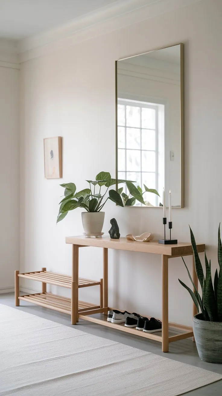 Serene simplicity defines this Japandi entryway. The light wood console, minimalist decor, and calming white walls create a welcoming and peaceful atmosphere. A perfect blend of Japanese and Scandinavian design principles, this space effortlessly balances functionality and beauty.