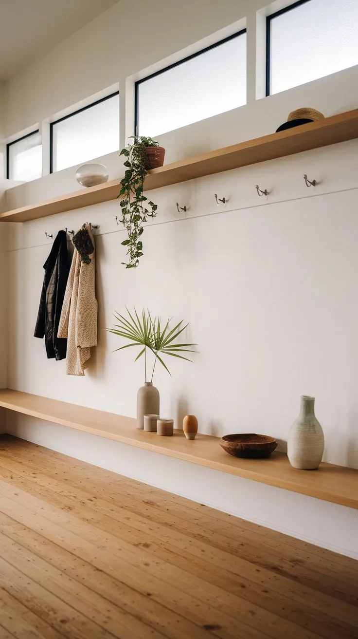 A serene and functional Japandi entryway, showcasing the beauty of minimalist design. The warm wood tones and simple decor create a welcoming atmosphere, perfectly blending practicality with understated elegance. A perfect example of how less can truly be more.