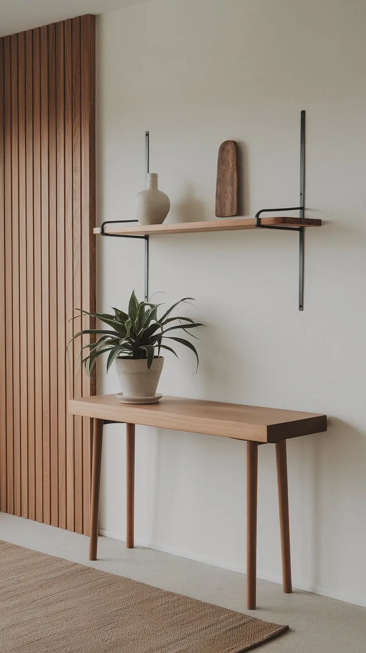 This minimalist entryway embodies the essence of Japandi design. Natural materials, clean lines, and a thoughtful arrangement of elements-from the wooden console to the carefully chosen accessories-result in a space that is both beautiful and peaceful. A tranquil welcome home.