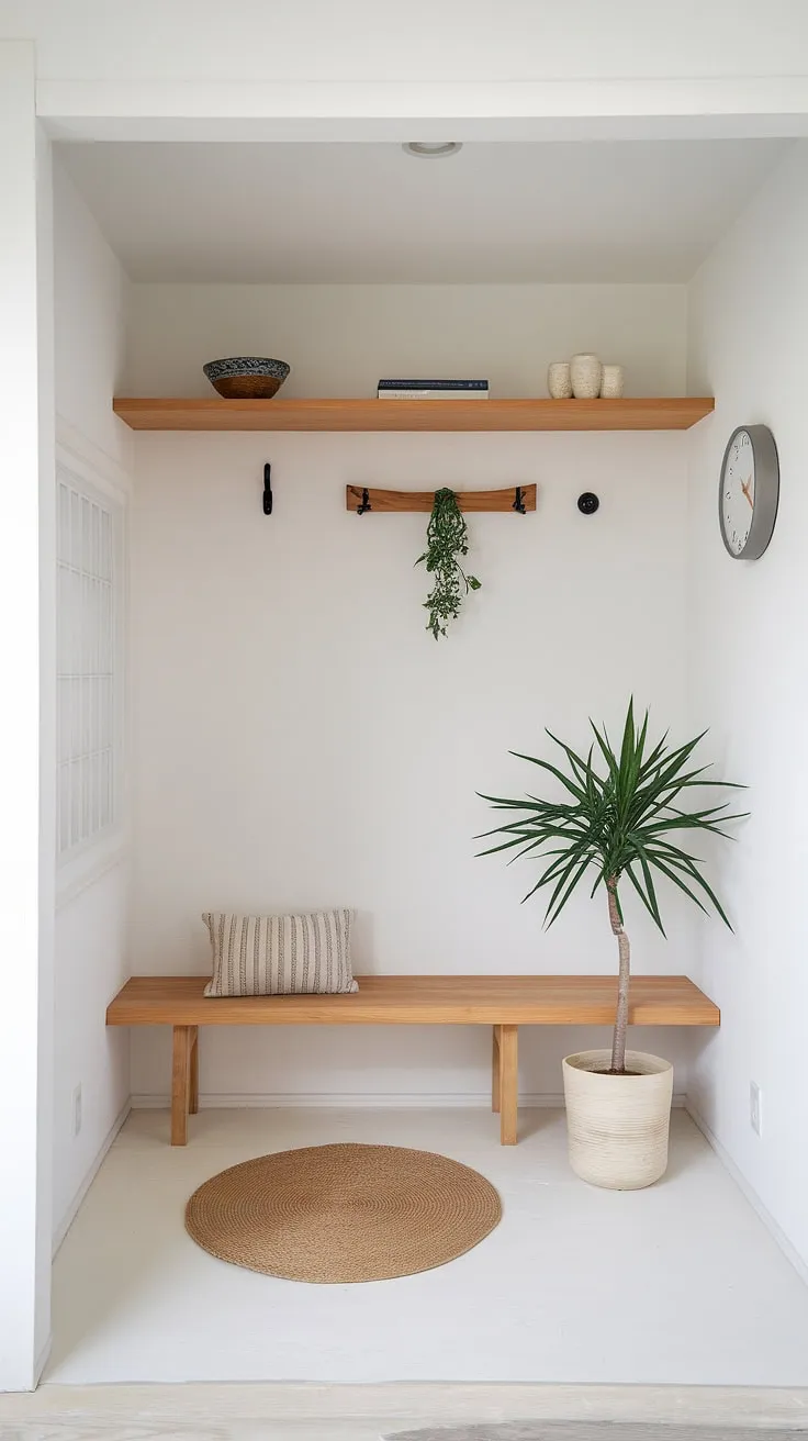 This minimalist Japandi entryway is a study in understated elegance. The clean lines, neutral palette, and carefully chosen accents-a simple plant, a decorative bowl-all contribute to a space that feels both inviting and meticulously curated.