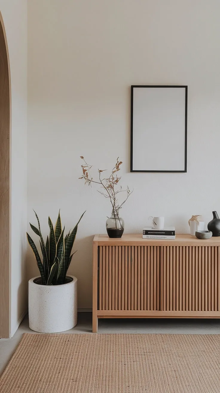 Serene simplicity defines this Japandi entryway. The neutral palette, clean lines, and carefully chosen pieces-like the wooden console and minimalist artwork-create a welcoming and effortlessly stylish space. A sense of calm permeates the room, setting the tone for the entire home.