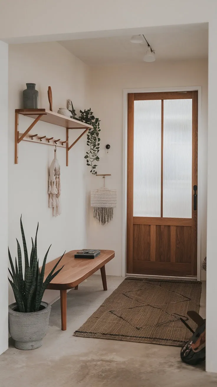 Serene simplicity defines this Japandi entryway. The warmth of the wooden bench and shelf, accented by a flourishing plant and carefully curated decor, creates a welcoming and calming atmosphere. A perfect blend of Japanese minimalism and Scandinavian functionality.