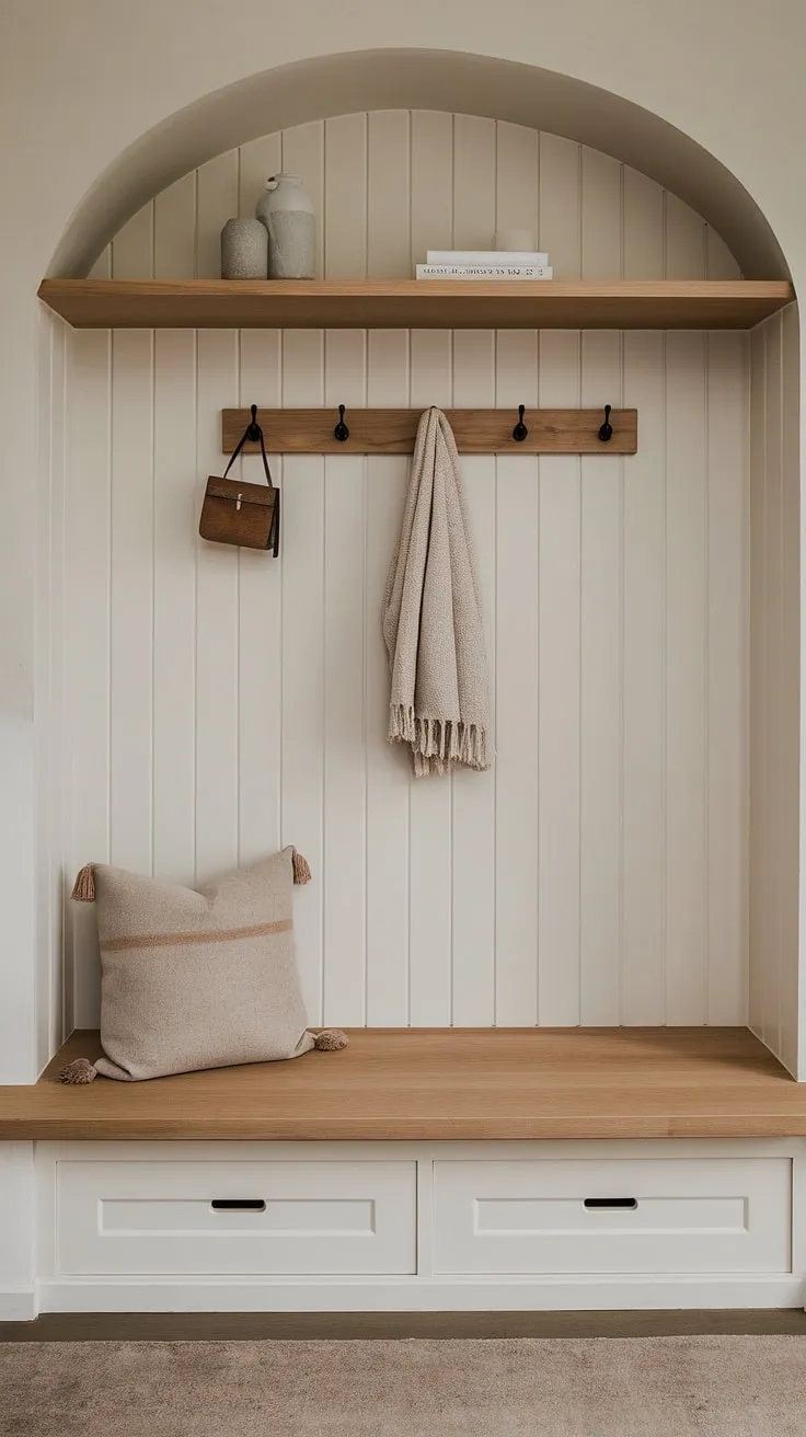 A tranquil haven awaits. This minimalist entryway, designed with a Japandi aesthetic, seamlessly blends functionality and beauty. The simple wooden bench, thoughtfully placed shelf, and subtle wall hooks create a space that is both practical and aesthetically pleasing. The soft textures and neutral tones contribute to a sense of calm and understated sophistication.
