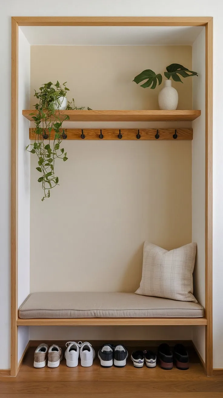 A sanctuary of serenity. This minimalist entryway, designed with a Japandi aesthetic, seamlessly blends natural wood, calming beige hues, and the gentle touch of greenery. The functional bench provides a practical and aesthetically pleasing space to pause and shed the day's worries.