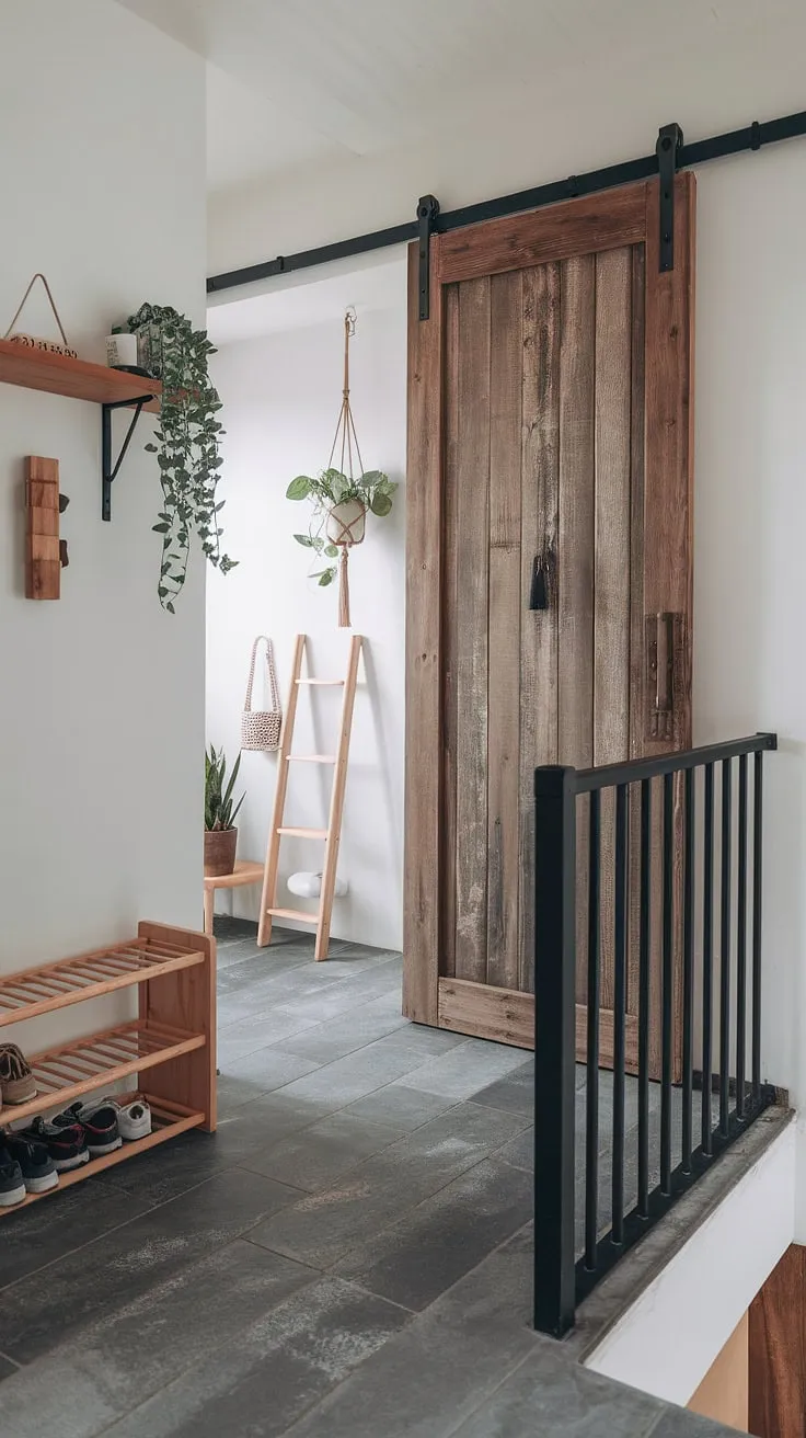 Serene simplicity defines this Japandi entryway. The rustic wooden door, paired with the sleek black railing and grey tile floor, creates a calming atmosphere. A thoughtfully curated collection of wooden accents, including the shoe rack and shelf, adds warmth and personality. The hanging plant and ladder bring a touch of nature indoors, completing this minimalist haven.