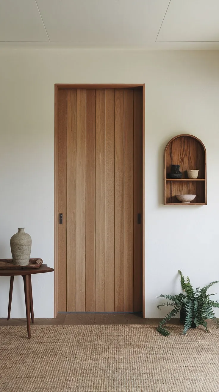 Serene simplicity defines this Japandi entryway. The natural textures of wood and ceramic, subtly accented with greenery, create a welcoming and calming atmosphere. A perfect blend of minimalist design and understated elegance.