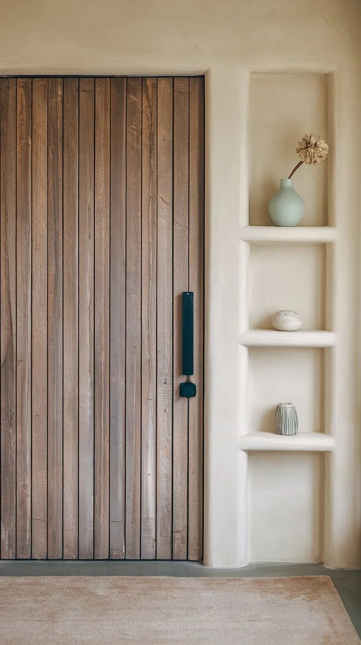 A quiet sanctuary welcomes you home. This Japandi-inspired entryway, with its rustic wooden door and minimalist shelving, exudes calm. The subtle details, like the pale blue vase and carefully curated objects, speak volumes about the thoughtful design within.
