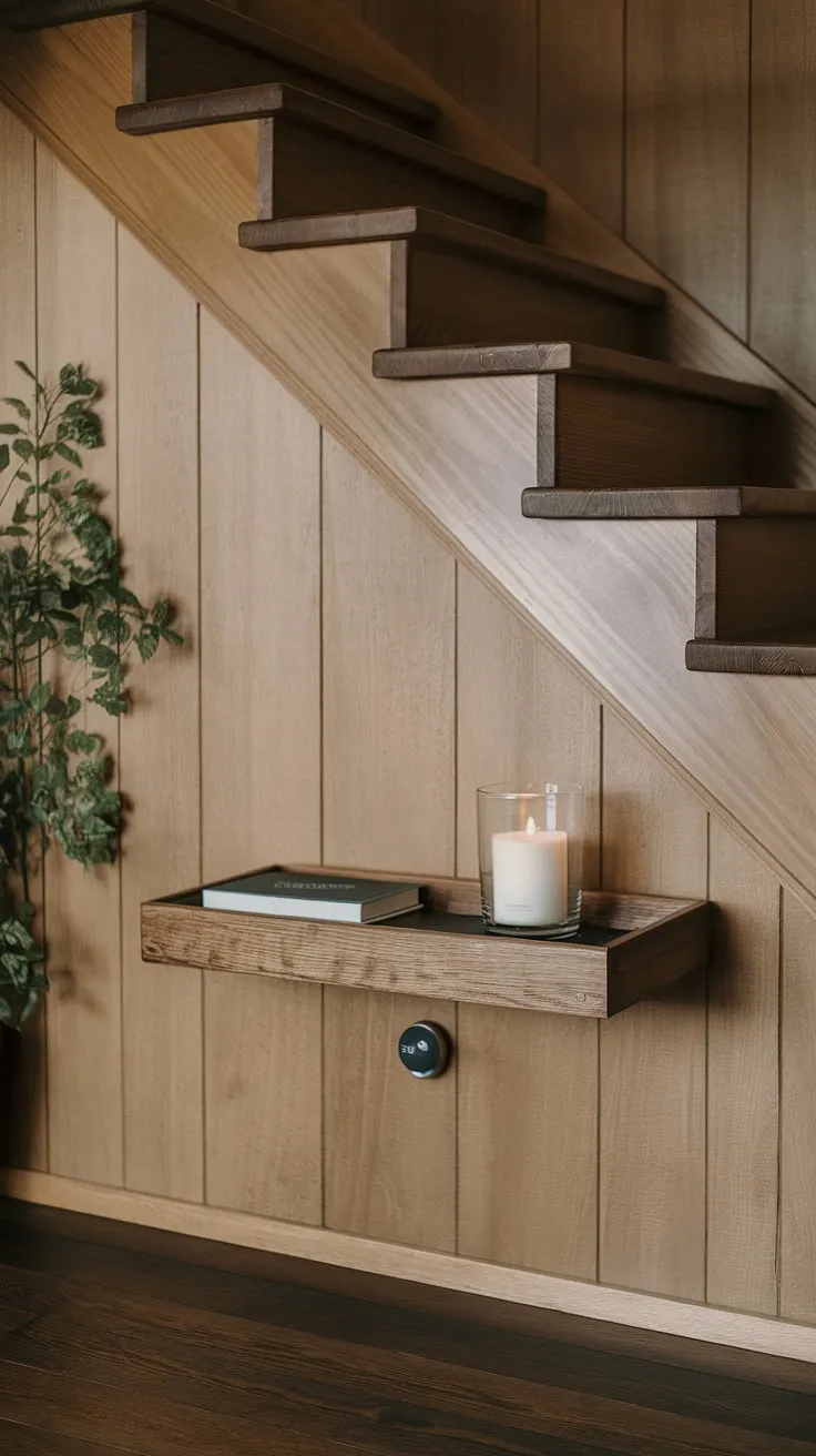 Warm wood tones and the quiet elegance of Japandi design create a serene entryway. The gentle curve of the staircase, a simple green plant, and the subtle glow of a candle on the wall invite a sense of calm and understated luxury. A perfect blend of minimalist aesthetics and functional beauty.