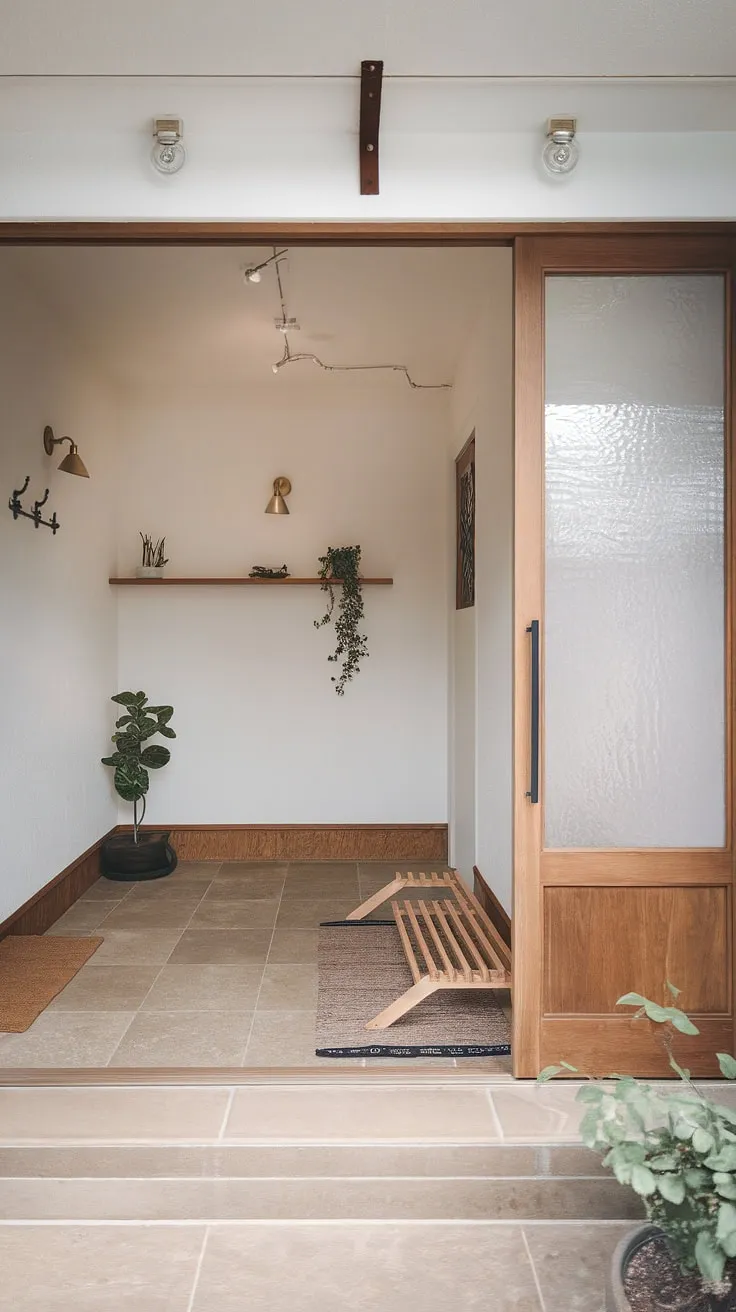 Step into serenity. This Japandi entryway, with its minimalist design and warm wooden accents, welcomes you home with understated elegance. The frosted glass panel on the door allows soft light to filter through, creating a peaceful ambiance. A simple shoe rack and carefully chosen décor complete the look, showcasing the beauty of less.