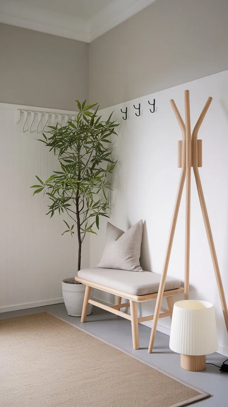 Serene simplicity defines this Japandi-inspired entryway. The muted grey walls, natural wood accents, and soft beige rug create a calming atmosphere, perfect for shedding the day's worries. A touch of greenery adds life to the space, while the thoughtful placement of the bench and coat rack ensures functionality meets understated elegance.
