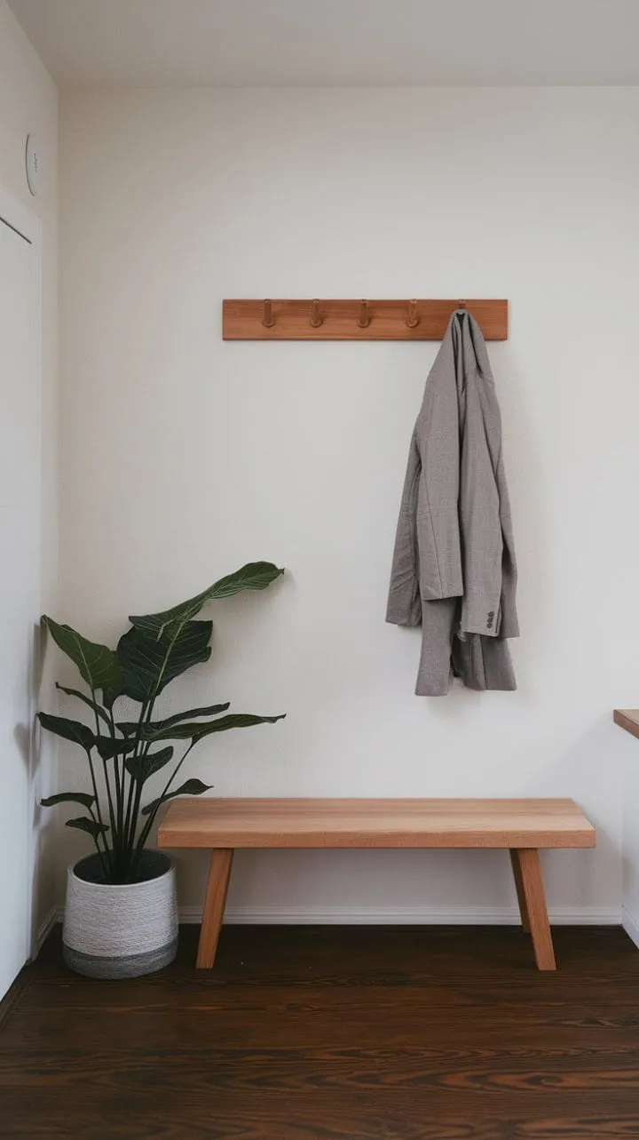 This Japandi entryway harmoniously combines sleek minimalism with practical elegance, featuring dark wood flooring, a stylish bench, and a lively potted plant.