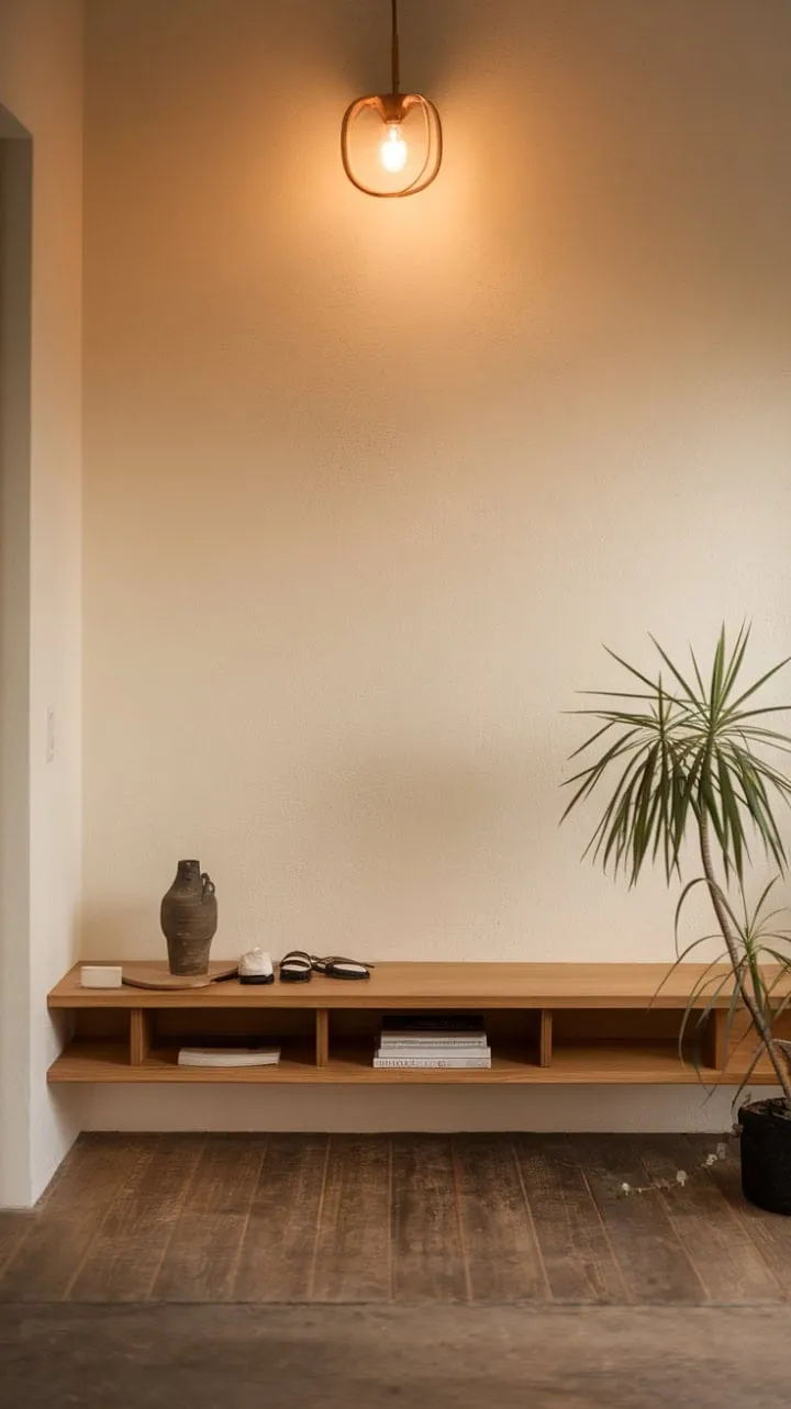 Step into a serene japandi-inspired entryway where warm wood and beige hues harmonize, offering a tranquil start to your day.