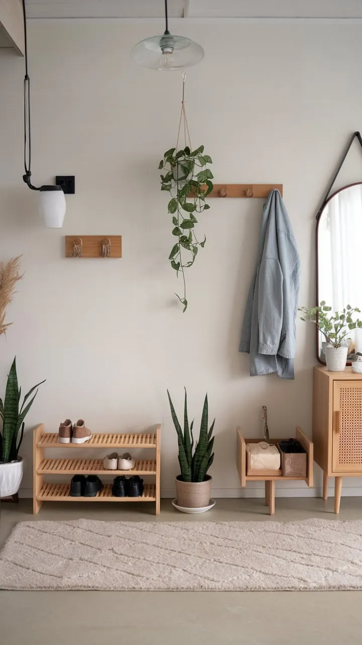 This Japandi-inspired entryway harmoniously blends clean lines and natural materials, crafting a serene and functional sanctuary that welcomes you home.