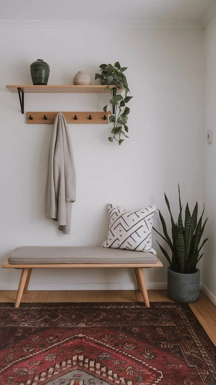This Japandi entryway masterfully combines Japanese and Scandinavian aesthetics, showcasing understated elegance through curated details that create a functional yet inviting atmosphere.