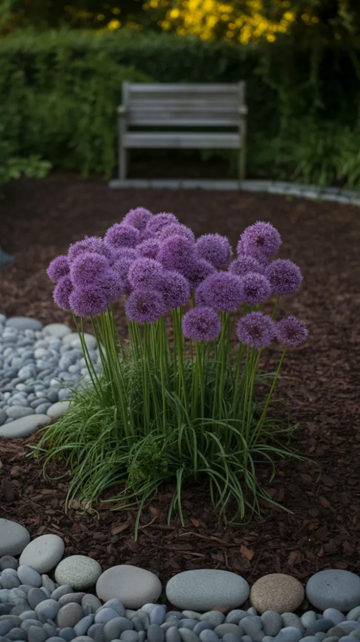 Sunlit Purple Alliums in a Minimalist Garden