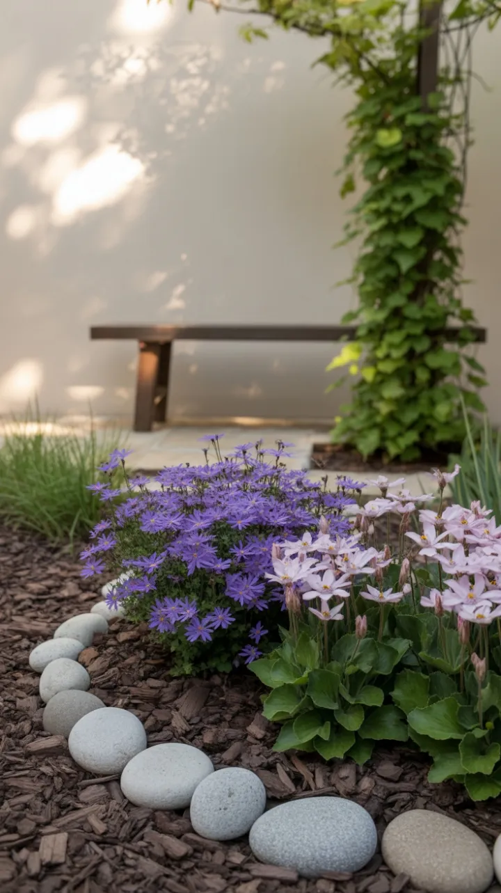 Sunlit Purple Garden Retreat with River Stone Border
