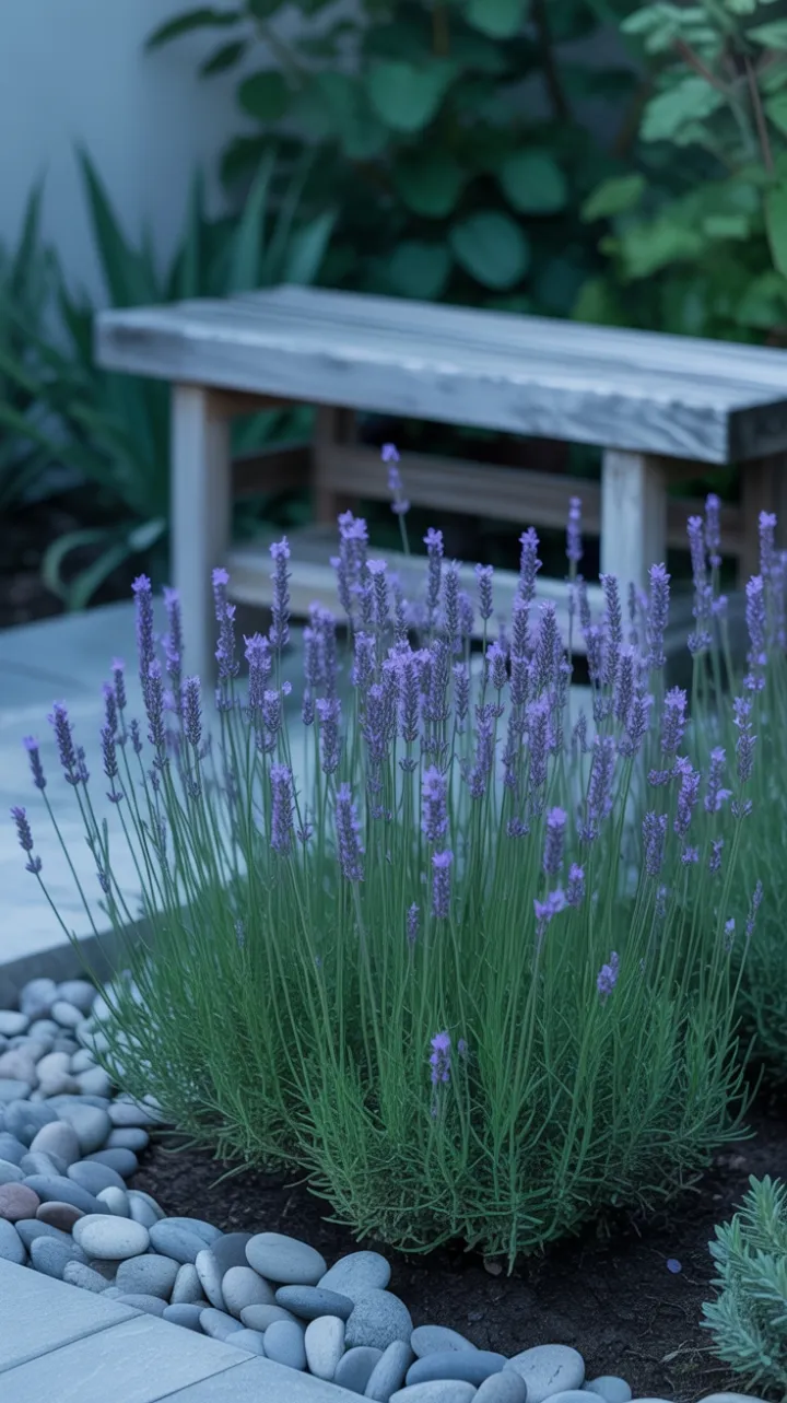 Minimalist Lavender Retreat by the Riverstone Bench