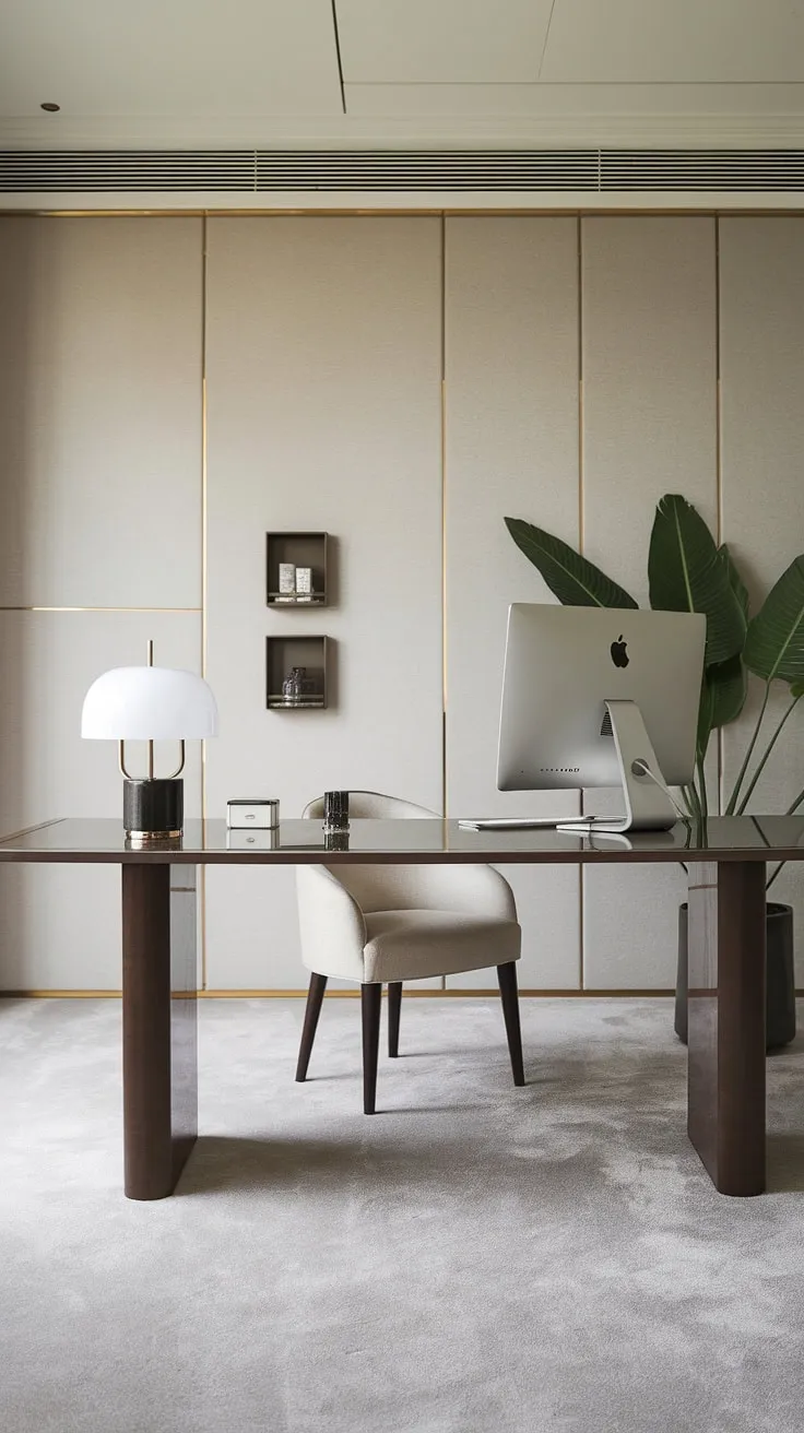 Unwind and create in this minimalist home office. The luxurious interior and modern design offer the perfect blend of serenity and sophistication, making it the ultimate office inspiration for a dream interior.  This space embodies minimalist decor at its finest.