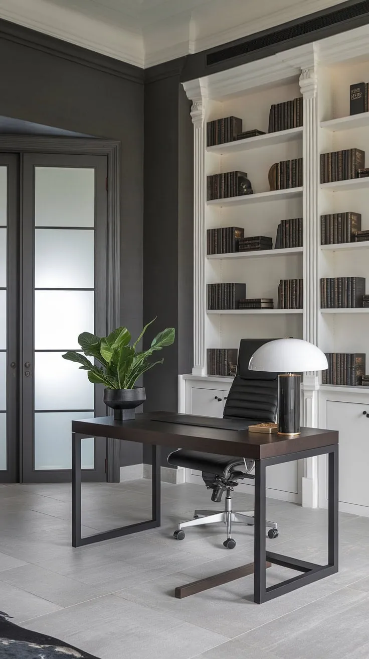 Escape to this luxurious interior: a modern home office designed for focus and style.  The minimalist decor, from the dark wood desk to the subtle greenery, creates a calming yet inspiring workspace—the ultimate office inspiration for achieving your dream interior.