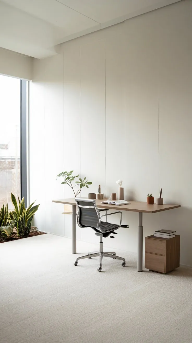 A bright white home office boasts a simple desk, chair, and minimal décor, maximized by natural light.