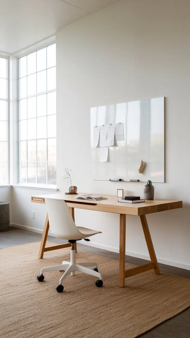 Natural light floods a minimalist home office featuring a simple wood desk, white chair, and whiteboard, creating a serene workspace.