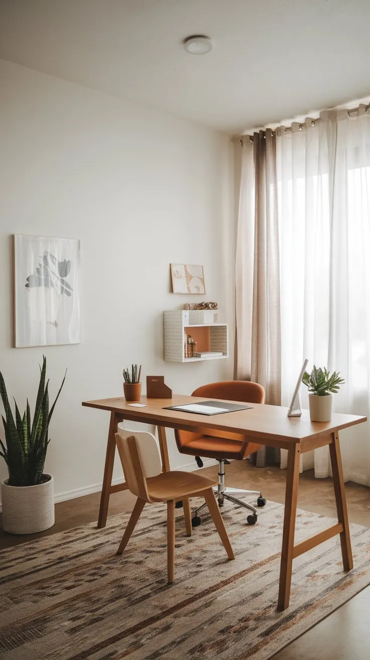 Clean lines and a potted plant create a functional yet stylish workspace in this modern minimalist home office.