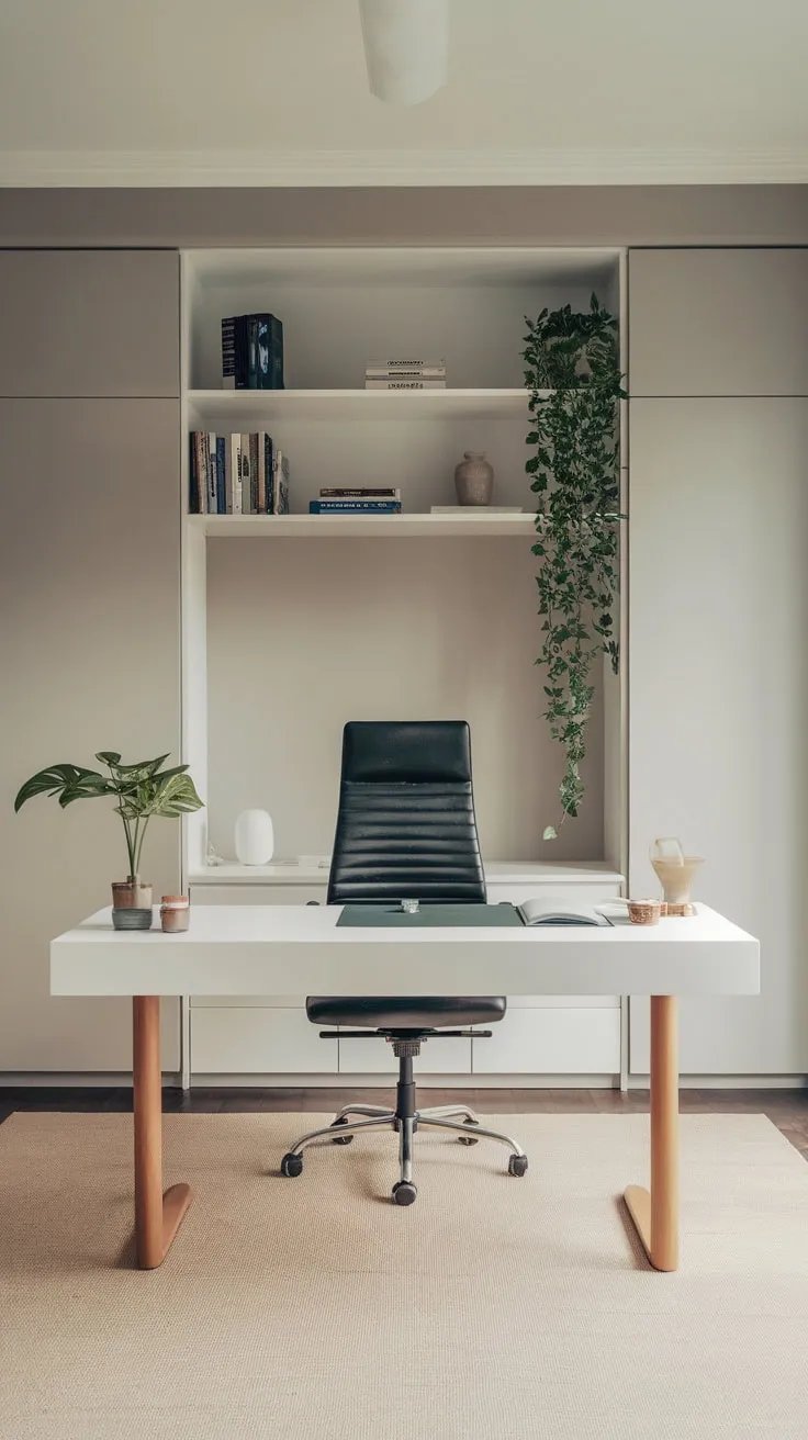 A serene minimalist home office features a clean white desk, black chair, and subtle pops of green against a calming neutral backdrop.