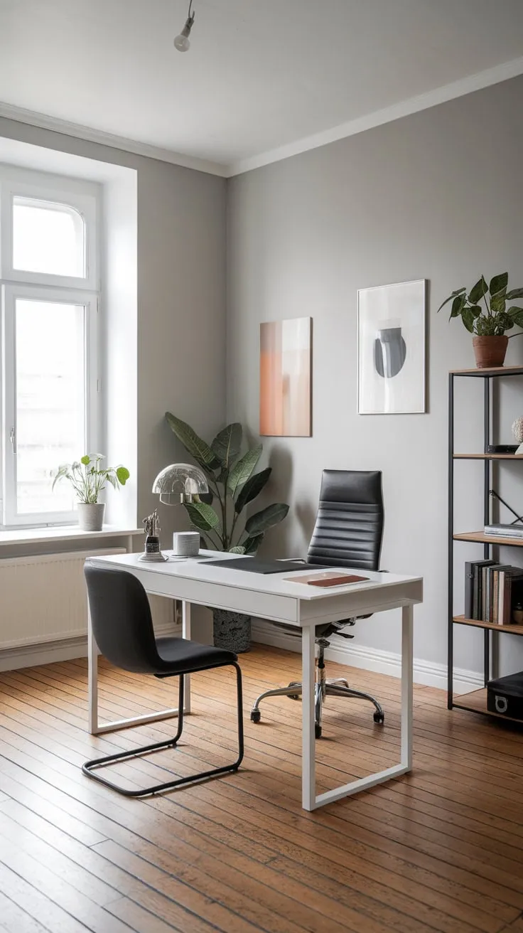 A grey-walled home office boasts a simple yet stylish design with a white desk, black chair, and wooden floors, illuminated by natural light.