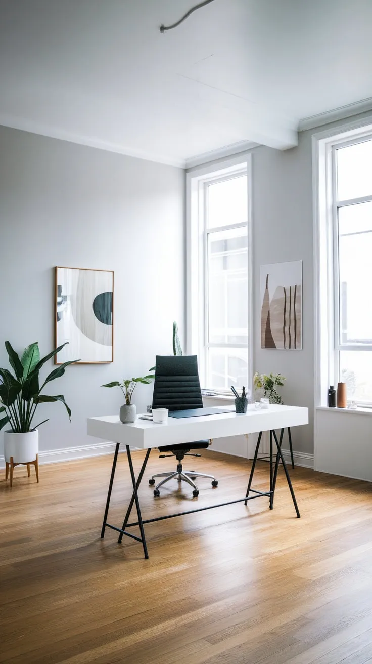 A light gray-walled home office boasts a clean design with natural light, a simple white desk, and black chair, creating a productive workspace.