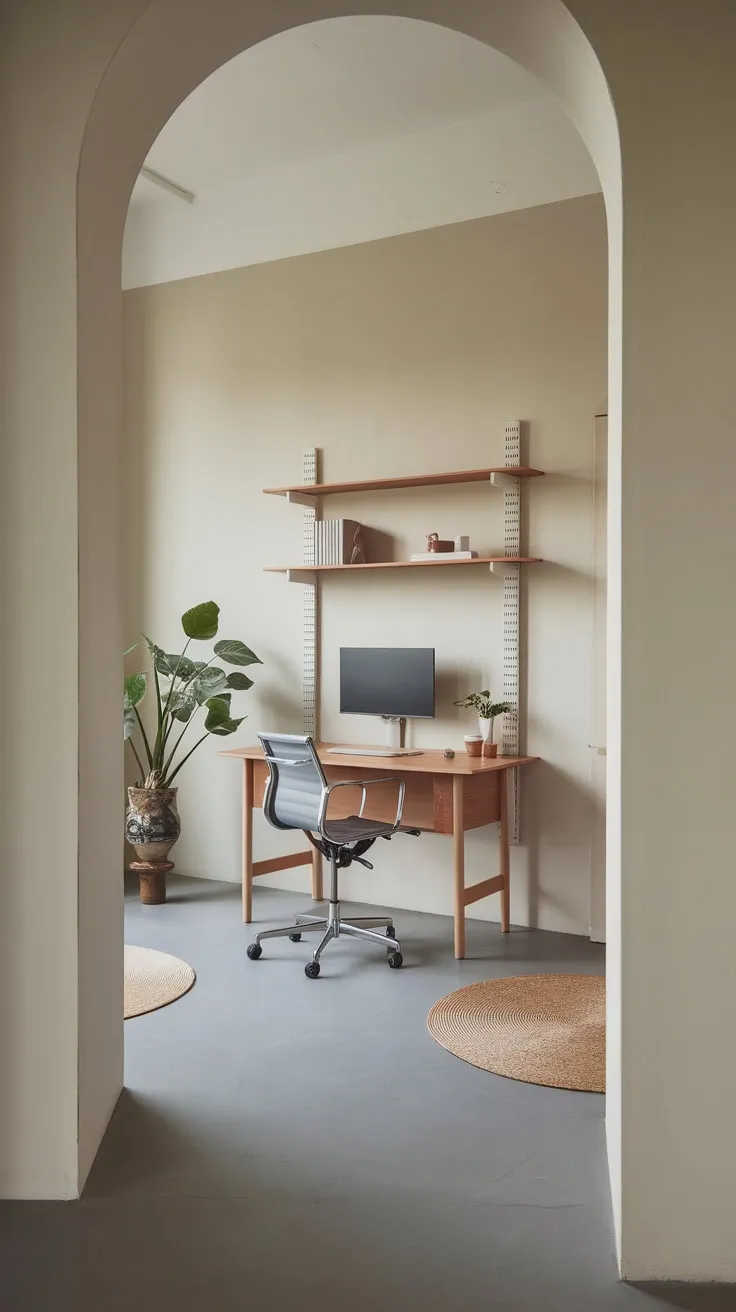 Clean lines and a neutral palette define this minimalist home office, showcasing a small desk, chair, and a touch of greenery.