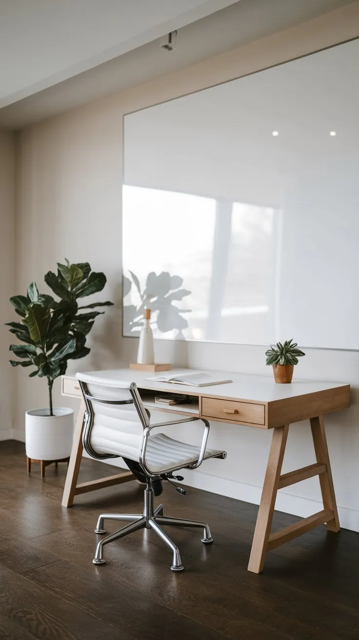 Bright lighting illuminates a minimalist home office featuring a sleek wooden desk, modern chair, and whiteboard, creating a functional yet stylish workspace