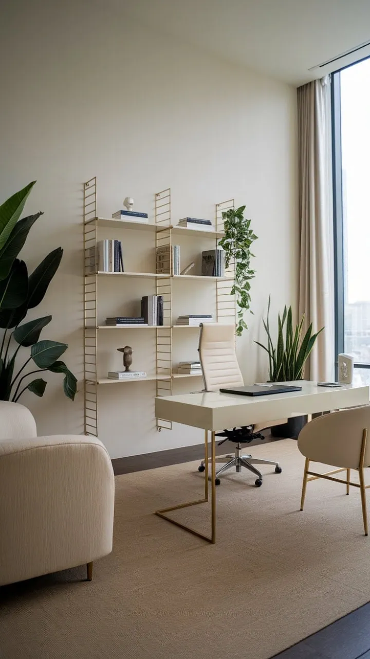 This modern home office blends understated elegance with clean lines and neutral tones, creating a sophisticated sanctuary for creativity and productivity.