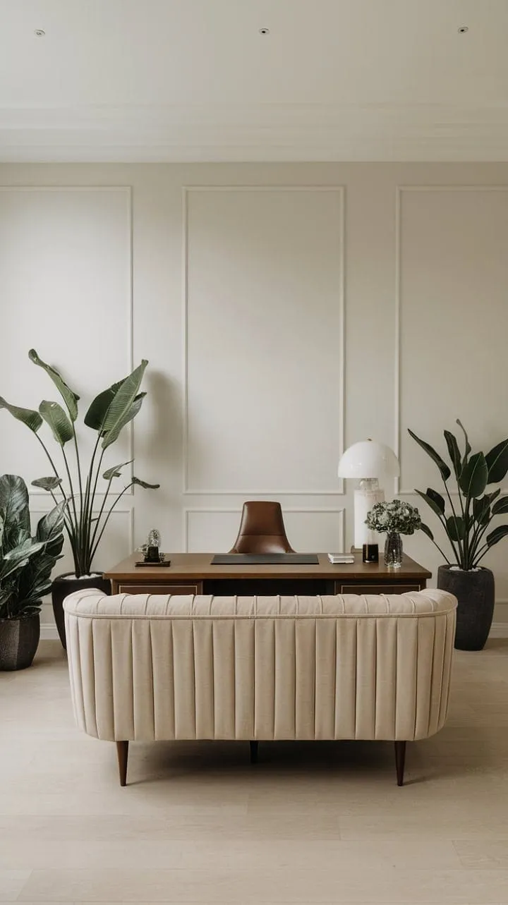 This elegantly designed home office harmoniously balances focus and relaxation with warm wood tones and a soothing beige palette, fostering both creativity and tranquility.