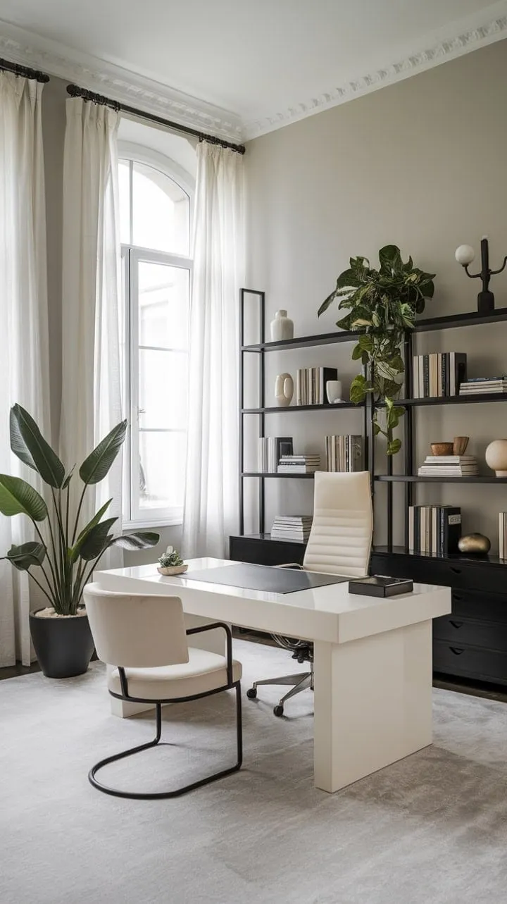 This modern home office blends elegance and functionality, featuring a bright aesthetic with a sleek white desk, dark bookshelf, and vibrant greenery.