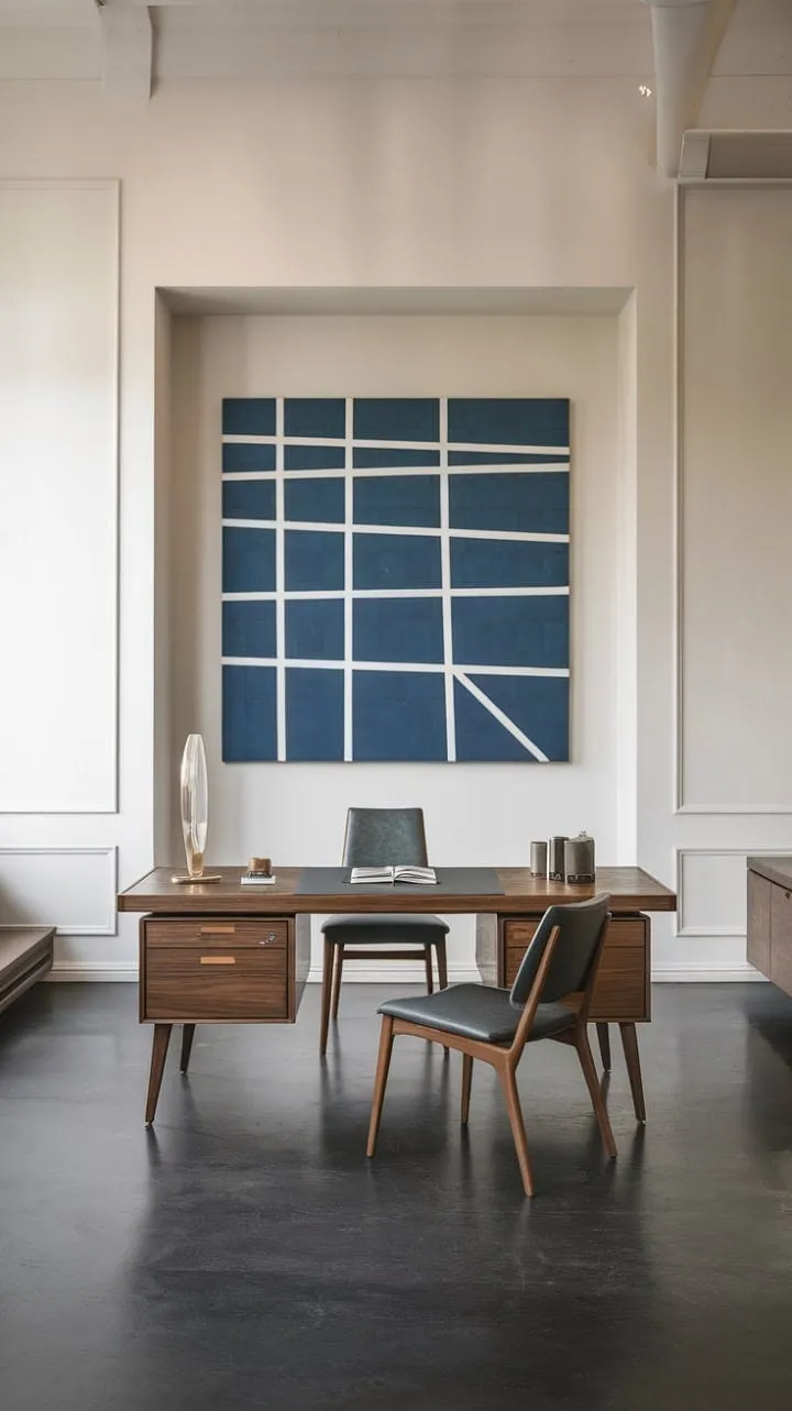 This serene home office harmoniously fuses modern design with mid-century charm, creating an inspiring oasis of productivity and well-being.