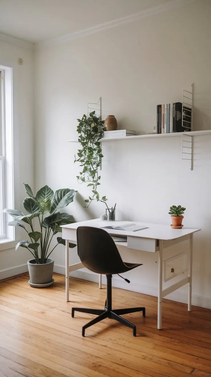 Clean lines and natural light define this minimalist home office, showcasing a white desk, black chair, and simple shelving.