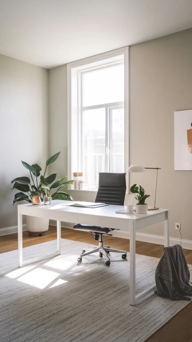 A light-grey minimalist home office boasts a white desk, black chair, and essential items bathed in natural light from a large window, complemented by a potted plant and rug.
